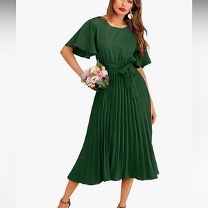 Milumia Women's Elegant Belted Pleated Flounce Sleeve Long Dress